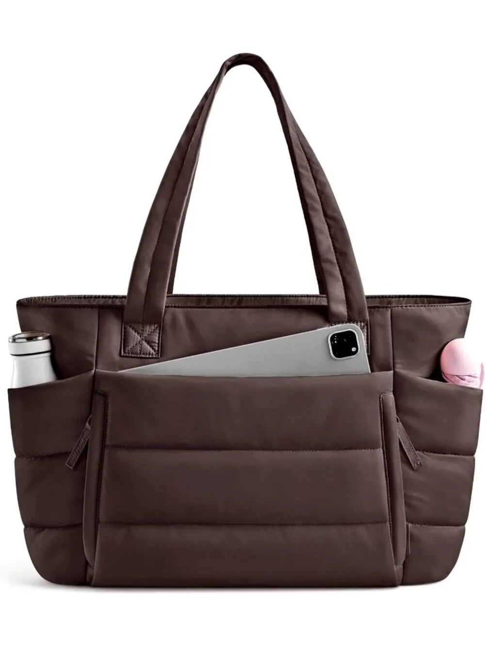 👜Women's Dark Brown Quilted Puffer Tote Bag Zipper Work Bag With Compartments